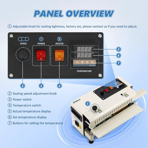 ProGrade Commercial Heat Sealer Machine With Adjustable Temperature And Speed panel overview