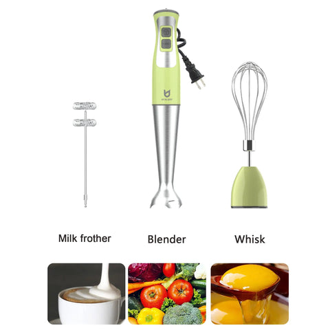 3-In-1 Immersion Hand Blender With Milk Frother And Egg Whisk, 8-Speed Stick Blender For Coffee Foam, BPA Free, Green, shown parts.