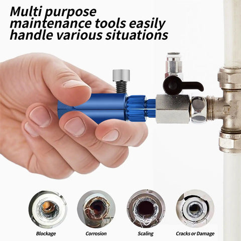 Broken Pipe Extractor Tool Kit With 2 Hex Wrenches And 5 Stainless Drill Brushes, Stripped Screw Remover And Faucet Repair Tool For One Half To One Inch Pipes, Adjustable Jaw Pipe Extractor For DIY Pros in use, showing hand holding tool connected to pipe.