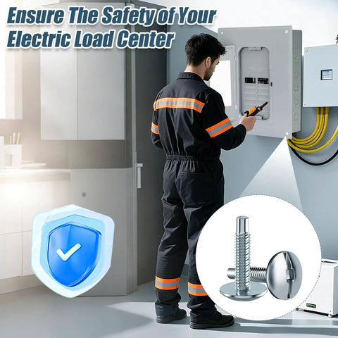 Professional Grade Load Center Cover Replacement Screws For Home Electrical Panel Boxes With Hella Tough Zinc Coated Steel And Dead Simple Snap Fit Breaker Housing Hardware with electrician at breaker box.