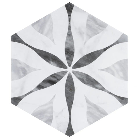 Dope Bardiglio Hex Flower Porcelain Tile 7x8 for Floor and Wall with glazed textured finish and subtle tone variation