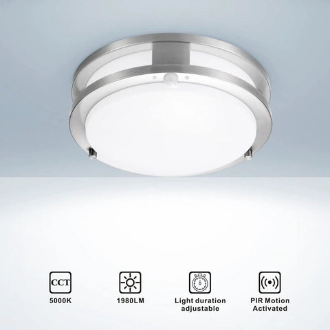 Motion Sensor LED Ceiling Light Flush Mount 20W 1980 Lumens 5000K Indoor Outdoor For Garage Laundry Porch Hallway Basement Ultra Bright Ceiling Fixture displayed with specifications.