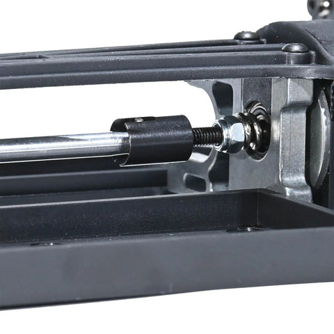 Close-up of the One Tenth Scale 4x4 On Road RC Rolling Chassis Frame Kit with adjustable wheelbase mechanism in black finish.