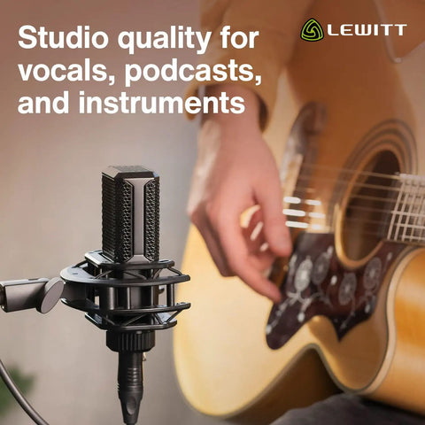 LCT440PURE 1 Inch True Condenser Microphone With Cardioid Pattern for Studio Stage and Home Recording near a guitar player