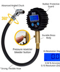 JACO ElitePro digital tire pressure gauge with brass body, 200 PSI, blue LCD display, and 10-inch flexible hose.