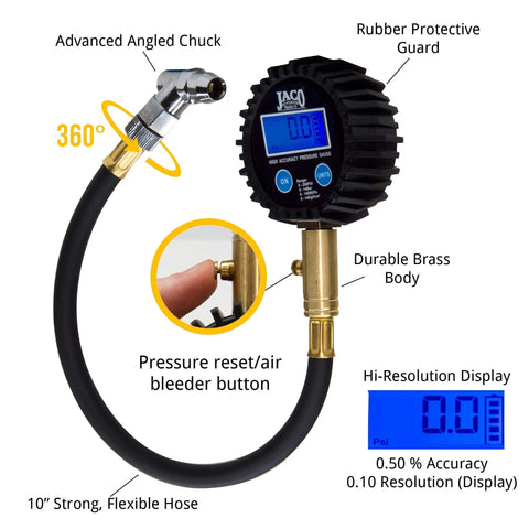 JACO ElitePro digital tire pressure gauge with brass body, 200 PSI, blue LCD display, and 10-inch flexible hose.
