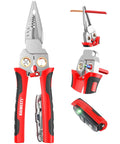 Kick Ass With KAIWEETS 9-In-1 Rechargeable Wire Stripper, red and black electrical pliers showcasing NCV tester feature and TPR grip.