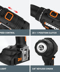 Close-up of 20V Cordless Drill Driver With 84 Piece Accessory Kit, showing two speed, 20 plus 1 clutch, LED light, keyless chuck.