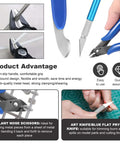 Close-up of 11 Piece Gundam Model Tool Kit with precision knife, nippers, slant nose scissors for assembly and repair.