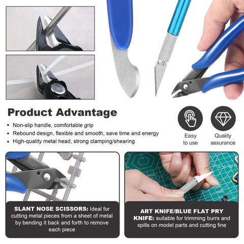 Close-up of 11 Piece Gundam Model Tool Kit with precision knife, nippers, slant nose scissors for assembly and repair.