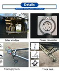 Turnkey Black Food Truck For Barbecue Catering Mobile Trailer With Handy Bathroom And Beefed Up Commercial Kitchen Setup For Legit Street Hustles On The Go showing sales window, power connector, towing system, and truck jack.