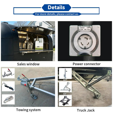 Turnkey Black Food Truck For Barbecue Catering Mobile Trailer With Handy Bathroom And Beefed Up Commercial Kitchen Setup For Legit Street Hustles On The Go showing sales window, power connector, towing system, and truck jack.