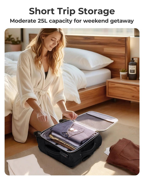 Woman packing Underseat Carry On Luggage For Air Travel 16 Inch Softside Case With Spinner Wheels for weekend trip