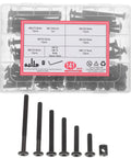 Heavy Duty Bed Frame Bolts And Nuts Kit With Black Coated Steel Screws For Sturdy Crib And Furniture Assembly 141 Piece Tool Set displaying assorted black fasteners.