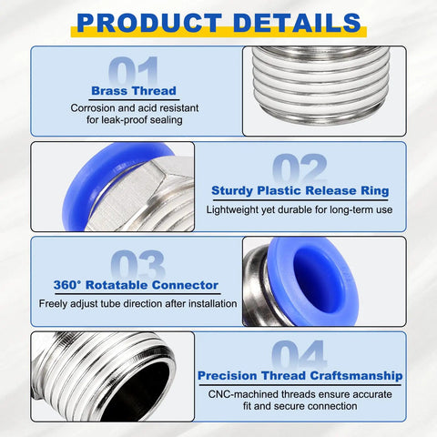 Close-up of 10 Pcs Push To Connect Fittings Set, Brass Straight Pneumatic Male Adapters, highlighting key product features.