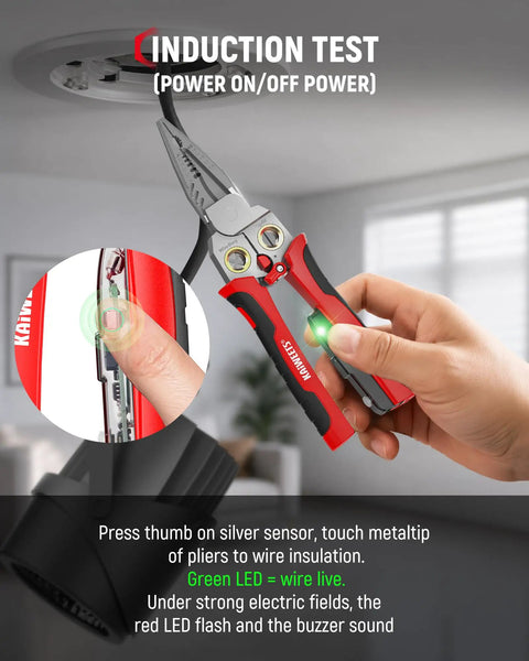 Kick Ass With KAIWEETS 9-In-1 Rechargeable Wire Stripper in use for induction testing on a wire with visual alerts.