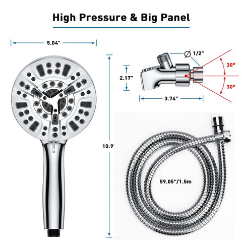 High Pressure Shower Head With Handheld Kit 8 Spray Settings And 2 Power Jet Modes 5.04 Inch Detachable Showerhead Set Details