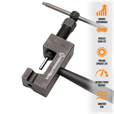 Close-up of heavy duty steel Link Monkey Motorcycle Chain Breaker and Riveting Tool for quick chain length adjustment and sprocket changes
