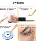 Step-by-step guide using Gold Eyelash Extension Tweezer Set With Diamond Grip For Precision Lashes Pro Grade Tools 6Pcs