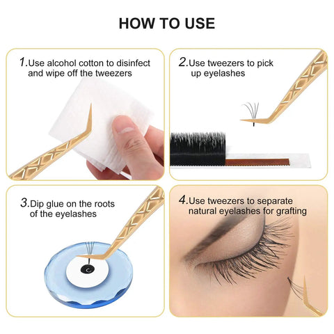 Step-by-step guide using Gold Eyelash Extension Tweezer Set With Diamond Grip For Precision Lashes Pro Grade Tools 6Pcs