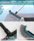 All In One Pool Cleaning Kit With Ten Foot Adjustable Aluminum Pole Seventeen And A Half Inch Skimmer Net And Seventeen And A Half Inch Curved Wall Brush Head For Inground And Above Ground Pools No Fuss Debris Cleanup showing a heavy-duty pool brush head