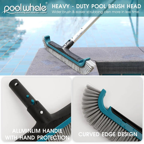 All In One Pool Cleaning Kit With Ten Foot Adjustable Aluminum Pole Seventeen And A Half Inch Skimmer Net And Seventeen And A Half Inch Curved Wall Brush Head For Inground And Above Ground Pools No Fuss Debris Cleanup showing a heavy-duty pool brush head