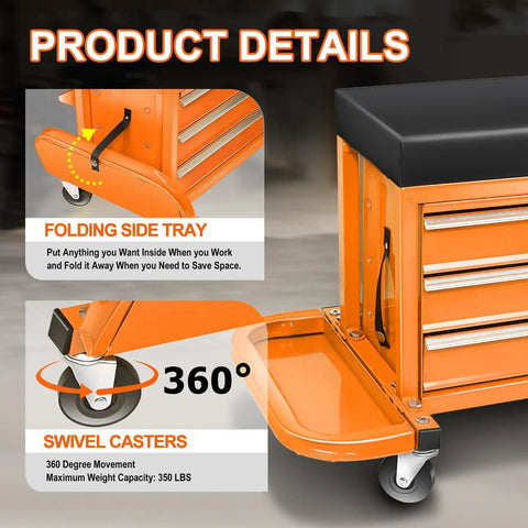 Heavy Duty 3 Drawer Tool Chest With Rolling Mechanic Seat And Built In Tool Trays 350 Lbs Weight Capacity Orange Finish