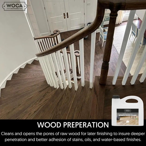 Intensive Wood Floor Cleaner Concentrated Raw Timber Prep Liquid Dilutable Wash Opens Wood Grain For Seamless Stain Adhesion Hardwood Refresh That Preps Your Space Like A Boss on wooden staircase.