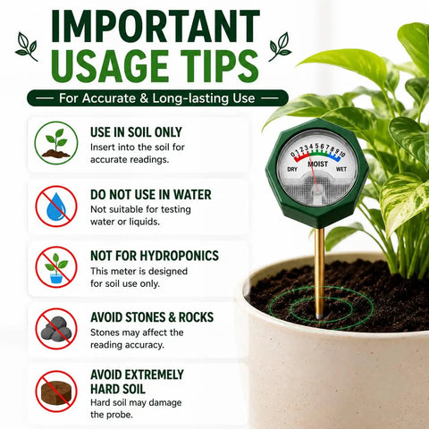 Soil Moisture Meter With 6.5 Inch Single Probe For Most Pots Instant Read No Battery Analog Dial Color Coded Display For Indoor And Outdoor Plants For Healthy Indoor Garden Growth And Outdoor Plant Care With Green Thumb Friendly Design in a potted plant