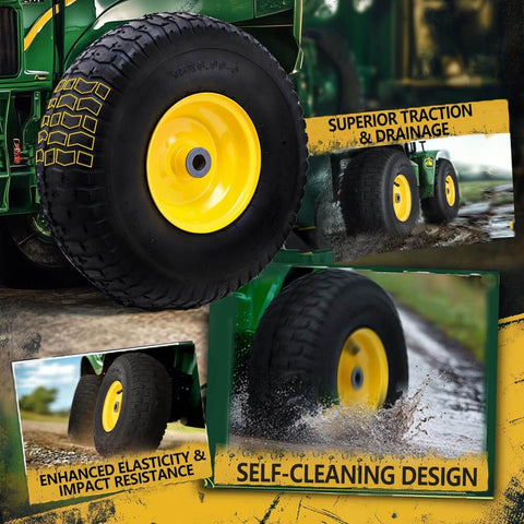 Front Tire And Wheel Assembly 15x6.00-6 For Riding Lawn Mowers, 2 Pack showcasing traction, 4-ply design, and self-cleaning feature
