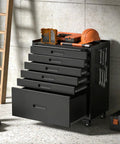 Heavy Duty Rolling Tool Chest With Six Full Extension Drawers And Whisper Quiet Tracks, Easy Glide Wheels. Black steel tool organizer in garage.