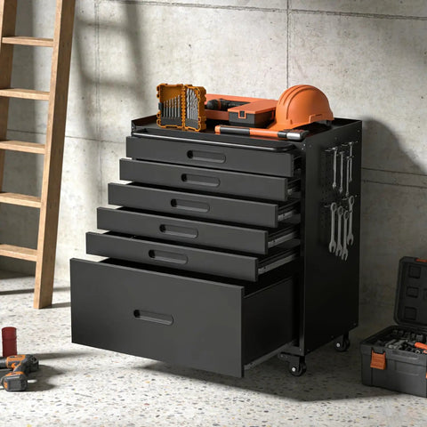 Heavy Duty Rolling Tool Chest With Six Full Extension Drawers And Whisper Quiet Tracks, Easy Glide Wheels. Black steel tool organizer in garage.
