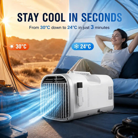 Hella Cold Blast 5100 BTU Portable Air Conditioner For Glamping And Overland Adventures Instant Chill Mode With Offline Voice Toggle Low Watt Power Station Campin Setup cooling in a tent with temperature display.