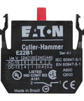 Top Shelf One Pole Normally Closed Contact Block For 22 Mm Pushbutton Controls 600 Volt Ten Amp Rating Heavy Duty Industrial Component Black Housing No Hassle Quick Swap close-up view of contact block with model details.