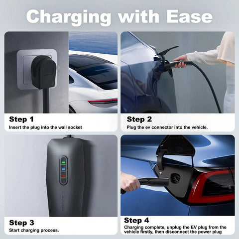 Charging process for Plug And Play Level 2 Tesla Charger 32 Amp Portable Ev Charging Station With 20 Ft Cable 240V Nema 14-50.