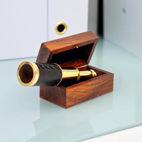 Dope Little Pocket Spyglass Handheld Brass Telescope With Rosewood Box 6 Inch Polished Brass Solid Brass Construction And Leather Trim, open box