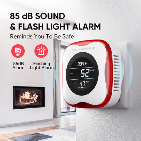 Plug In Carbon Monoxide Alarm 3-In-1 Detector with Real Time Temperature and Humidity Display mounted on wall with 85dB sound alert