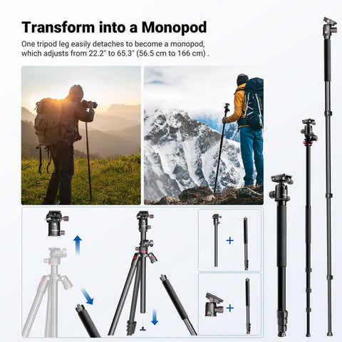 Overhead Camera Tripod With Ball Head And Flexible Center Column shown as a monopod for versatile DSLR use in outdoor settings.