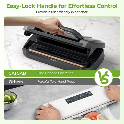 Powerful Vacuum Sealer For Food 90kPa With Dry And Moist Modes, 7 In 1 Function showing easy-lock handle operation