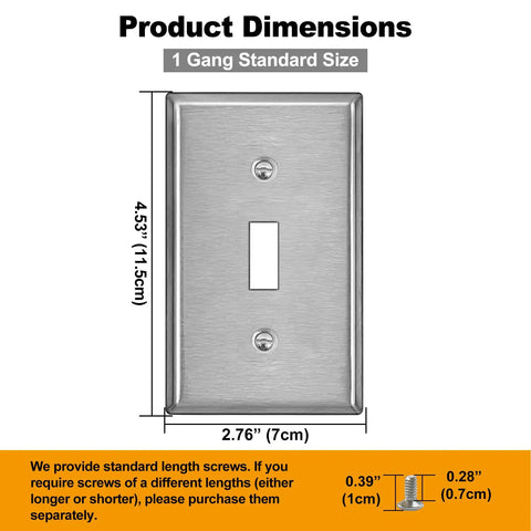 Toggle Switch Metal Wall Plate 1 Gang Stainless Steel Light Switch Cover Brushed Finish Industrial Grade Corrosion Resistant Standard Size 10 Pack Silver with dimensions.