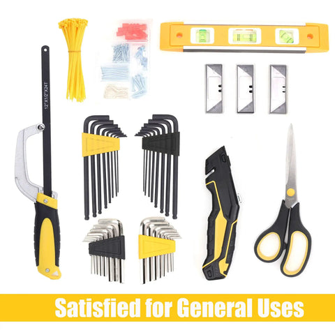 467 Piece Household Tool Set For Home And Garage Ready Projects In A 16 Inch Tool Bag with tools like saw, utility knife, scissors