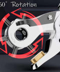 Close-up of leather belt hole puncher set showing 360-degree rotation, part of the pro grade labor saving design with sharp, polished 65 Mn steel.