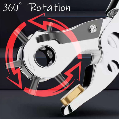 Close-up of leather belt hole puncher set showing 360-degree rotation, part of the pro grade labor saving design with sharp, polished 65 Mn steel.