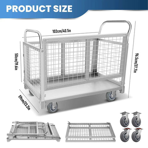 Beefy Heavy Duty Platform Cart With Cage For Industrial Use 3800 Lbs Folding Moving Dolly dimensions and components shown