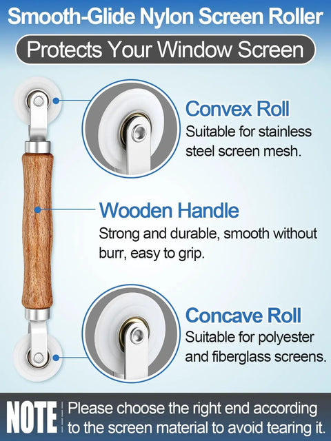 Three In One Screen Repair Kit With Roller And Spline Removal Hook For Fast Window Screen Repair Includes 0.14 Inch Spline And 32.8 Feet Of Spline with nylon roller, wooden handle, convex and concave rolls for different screen materials.
