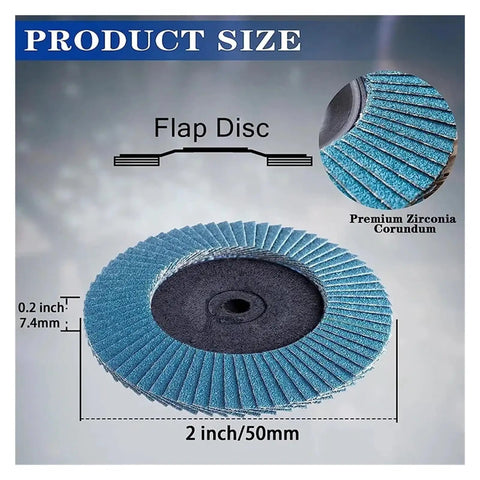 12 Count 2 Inch Flap Discs With Peel And Switch Backing For Angle Grinder Dust Vent Holes Blue Sanding Wheels dimensions and details.