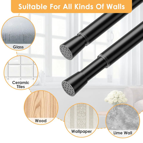 2 Pack Tension Curtain Rods 8 To 12 Inches No Drill DIY Friendly Mini Spring Curtain Rods For Slim Windows Cupboards And Closets One Half Inch Diameter Easy Install With Strong Hold shown with wall materials like glass, ceramic, wood, wallpaper, and lime.