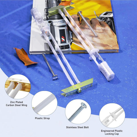 Heavy Duty Drywall Anchors With Steel Bolt Kit For TV Mounting, components including plastic strap and stainless steel bolt.