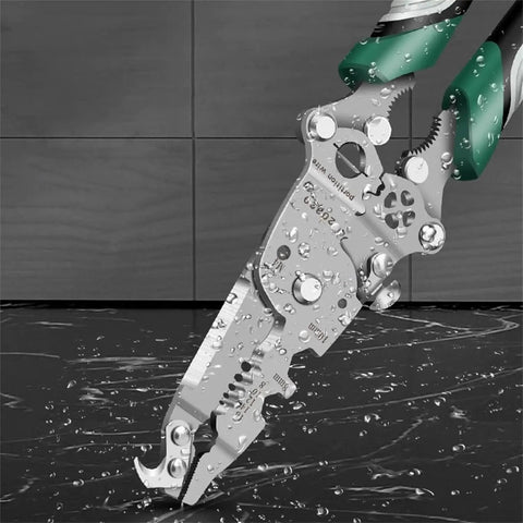 Close-up of Straight-Up Tough 18-In-1 Folding Wire Stripper And No-Fuss Multifunction Crimping Tool in water, showcasing its stainless steel design.