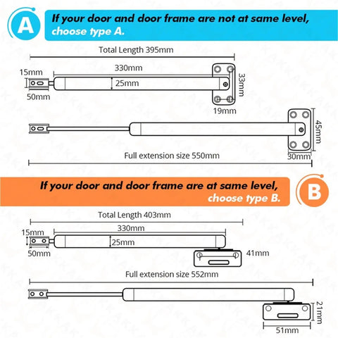 Diagram of Overhead Door Closer With Soft Close And Automatic Gas Spring 110 Degree Positioning, 1 Pack for different door levels.